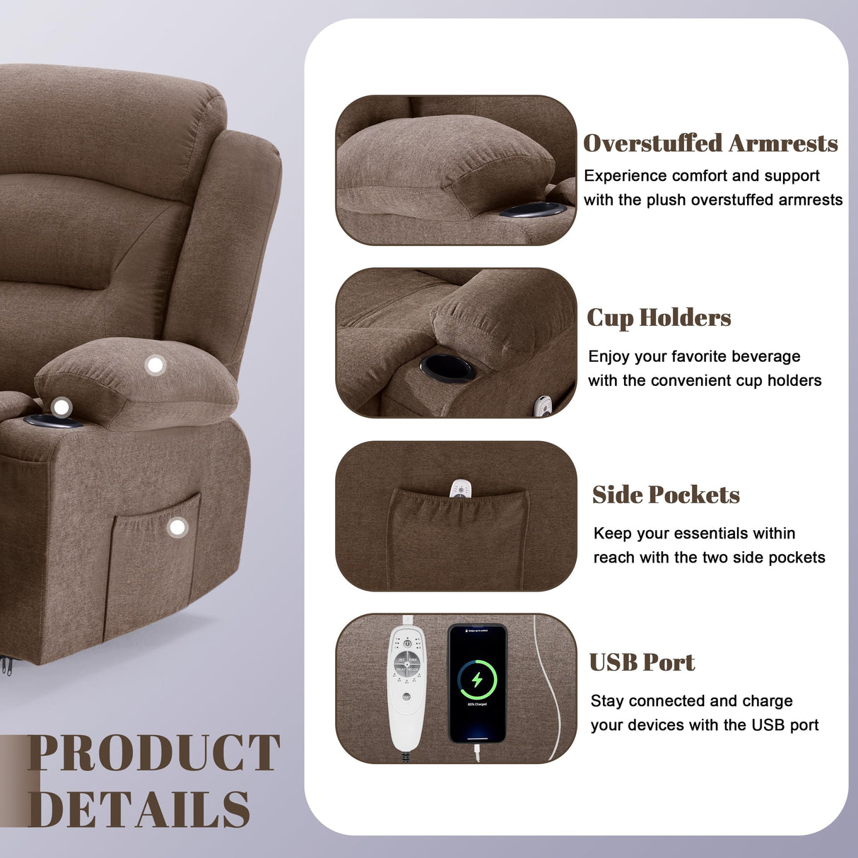 Reedvales Oversized Recliner Sofa with Heat and Massage, Big Large 3-Seater RV Recliner Couch Sofa for Living Room, Wall-Hugger Reclining Sofa with Cup Holders and USB Port (Fabric, Brown) Reedvales