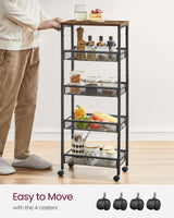 VASAGLE Slim Rolling Cart, 5-Tier Storage Cart, Narrow Cart with Handle, 8.7 Inches Deep, Metal Frame, for Kitchen, Dining Room, Living Room, Home Office, Rustic Brown and Classic Black ULRC035B01 VASAGLE