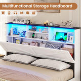 VIAGDO Farmhouse Bed Frame Queen Size with Bookcase Storage Headboard, Charging Station and LED Lights, Wooden Queen Bed Frame with 4 Drawers, Barn Door Design, No Box Spring Needed, No Noise, White VIAGDO