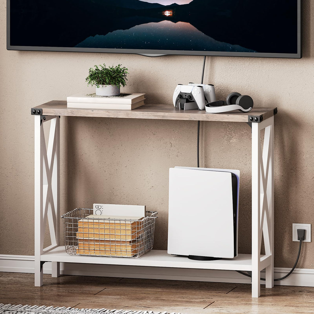 HOOBRO Farmhouse Console Table, Narrow Entryway Table, Sofa Table with 2 Open Shelves, for Hallway, Living Room, White and Greige WG08XG01 HOOBRO