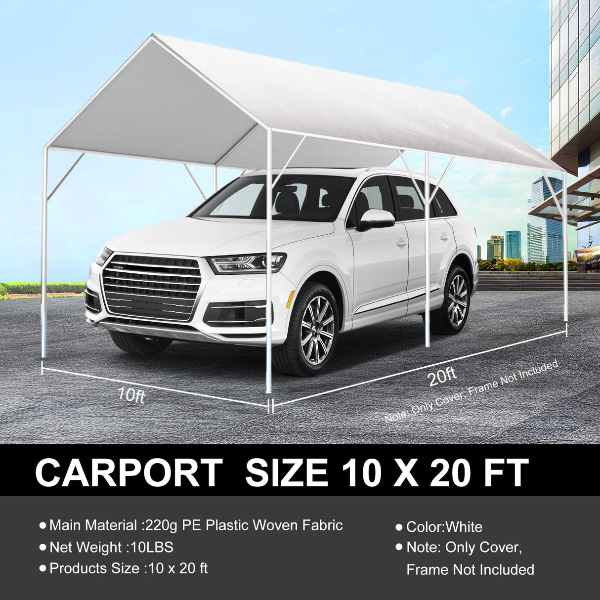10' x 20' Canopy Replacement Cover for Carport, 220G Heavy Duty Replacement Top Cover for Car Garage, Waterproof & UV Protected Tarp with 48 Ball Bungees (Only Cover, Frame Not Included), White Buzleer