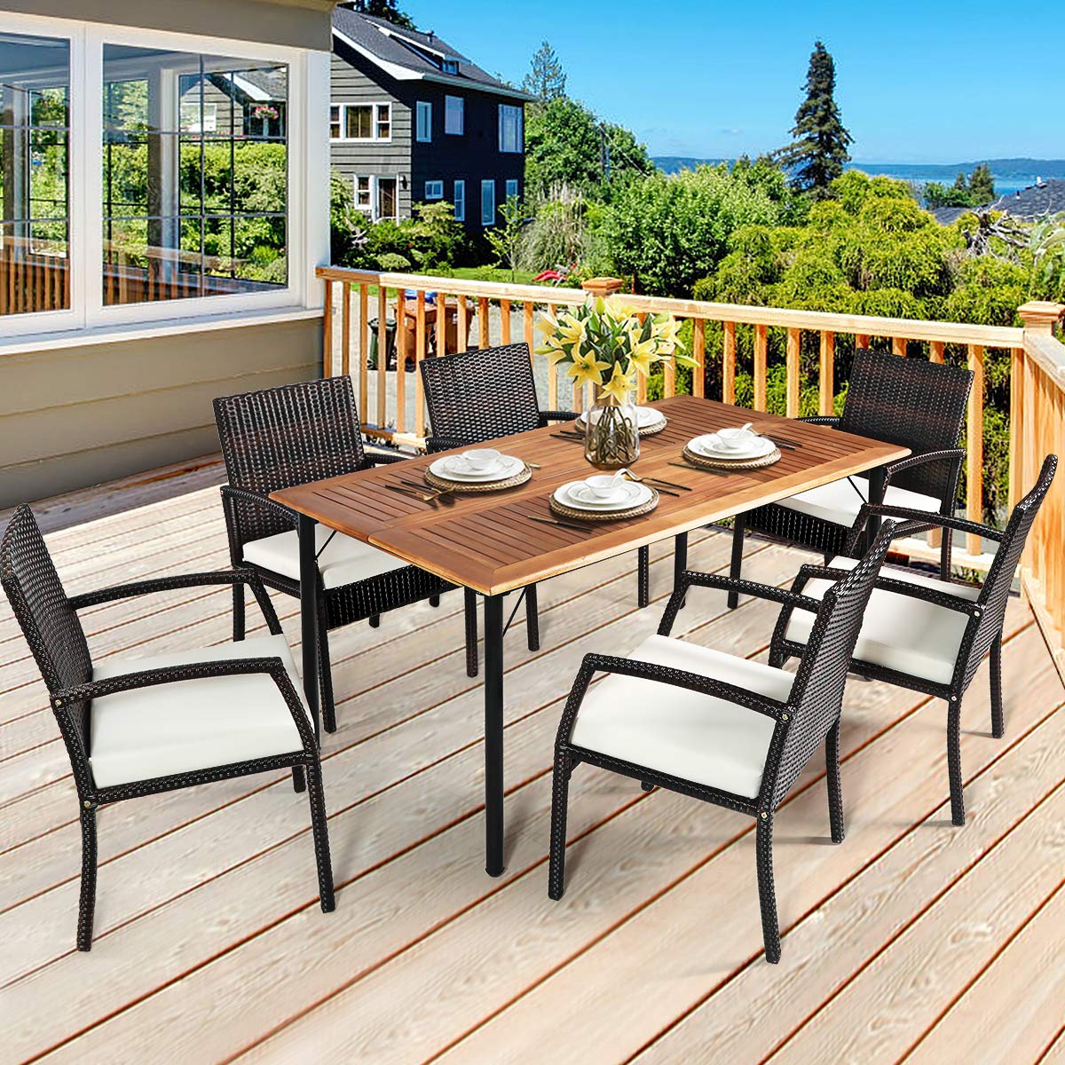 HAPPYGRILL 7 Pieces Patio Dining Set Outdoor Rattan Wicker Dining Furniture Set with Umbrella Hole, Powder Coated Steel Frame, Acacia Wood Dining Table and Armchairs with Removable Cushions HAPPYGRILL
