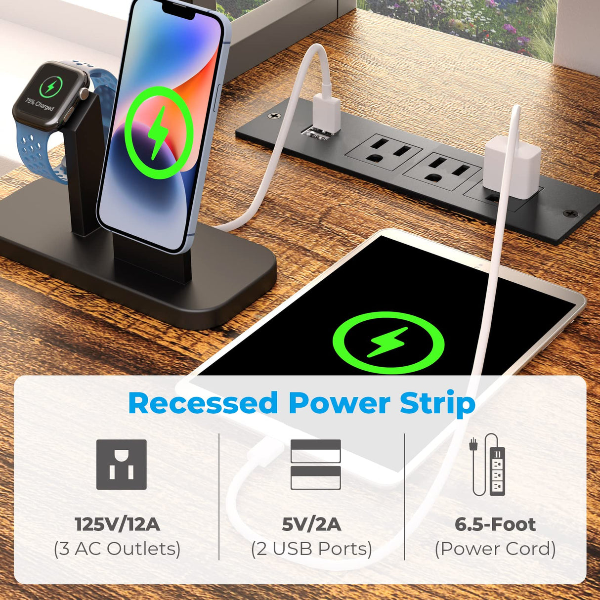 GreenForest 47 inch Computer Desk with Power Outlets, Small Home Office Desk with Ergonomic Monitor Stand, Reversible Gaming Desk, Modern Study Desk, Laptop Desk, Walnut GreenForest