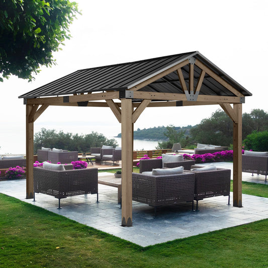 Aoodor 10 x 12 ft. Wood Gazebo,Outdoor Upgrade Cedar Wooden Frame Gazebo with Single Galvanized Steel Roof, for Patio Backyard Deck and Lawns - Light Grey