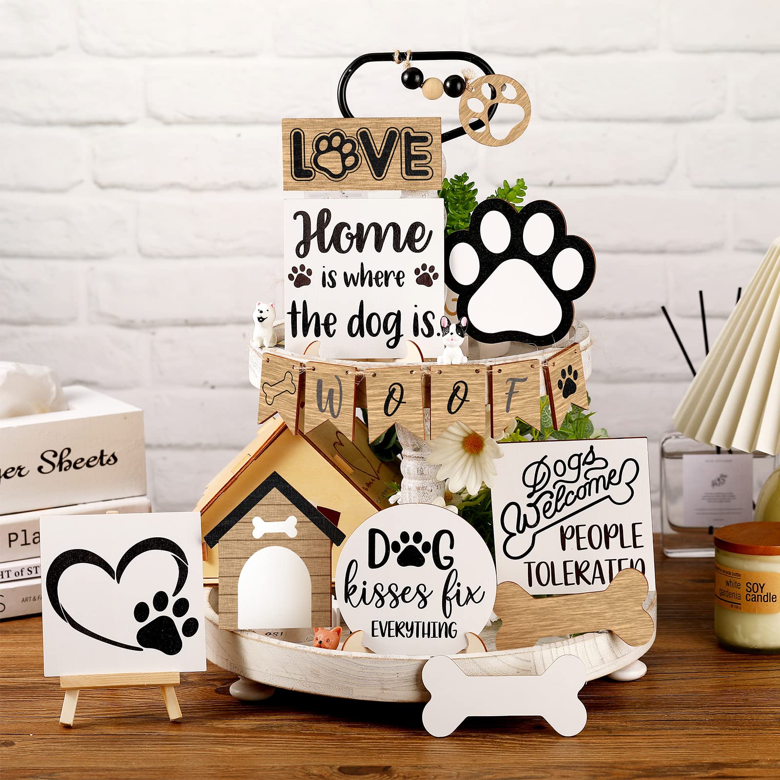 Geelin 16 Pcs Dog Tiered Tray Decor Set Wooden Dog Tray Decor Rustic Farmhouse Paw Bone Farm Decorations Mini Wood Signs for Kitchen Home Table Housewarming Gift - WoodArtSupply