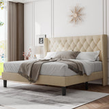Feonase King Size Bed Frame with Wingback Tufted Headboard, Upholstered Platform Bed Frame with Heavy Duty Wooden Slats Support, Noise-Free, No Box Spring Needed, Easy Assembly, Beige Feonase
