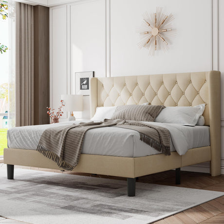 Feonase King Size Bed Frame with Wingback Tufted Headboard, Upholstered Platform Bed Frame with Heavy Duty Wooden Slats Support, Noise-Free, No Box Spring Needed, Easy Assembly, Beige Feonase