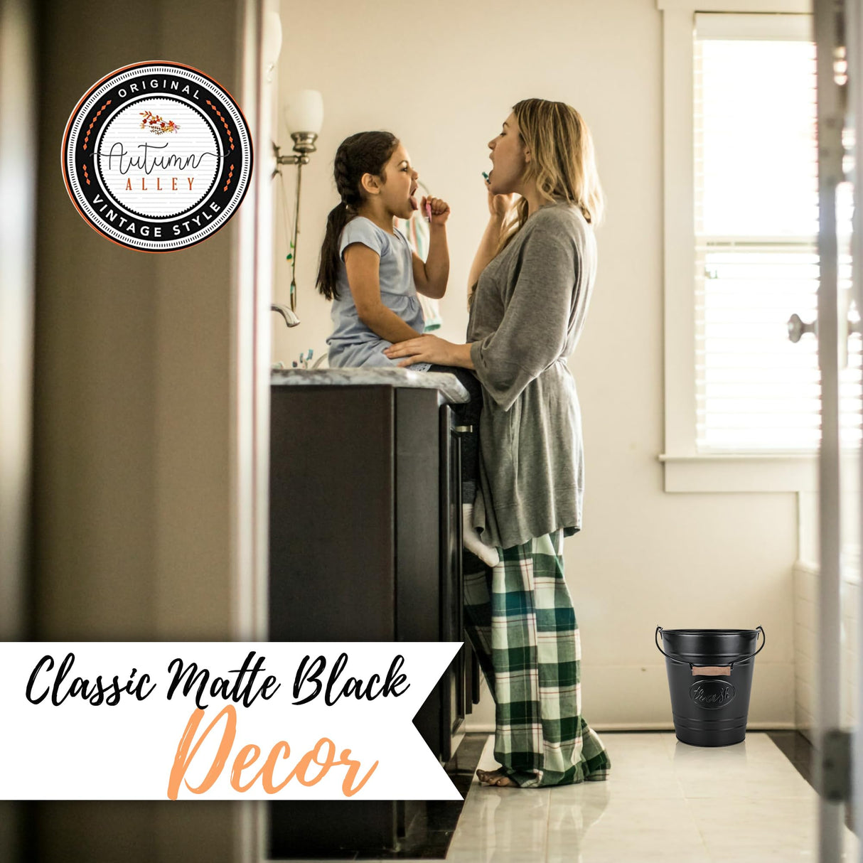 Autumn Alley Farmhouse Bathroom Trash Can - Decorative Rustic Black Trash Can Bucket with Wooden Handle for Bathroom, Bedroom, Office, Kitchen, Western Country Home Décor, 2 Gal., Matte Black Autumn Alley