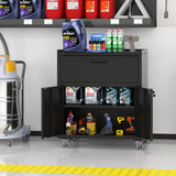 BIZOEIRON Metal Storage Cabinet with Wheels, Lockable Garage Cabinet with 2 Doors and 1 Drawer, Rolling Tool Storage, Assembly Required, Black BIZOEIRON