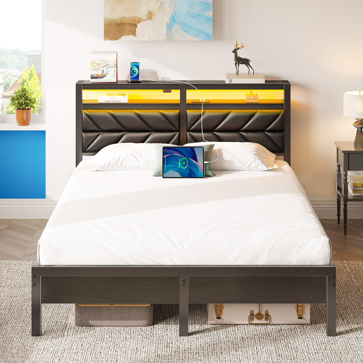 Seventable Bed Frame Queen Size with Charging Station, LED Bed with Upholstered Storage Headboard, Metal Platform Bed with Under Bed Storage, No Box Spring Needed, Noise Free, Easy Assembly, Black Seventable