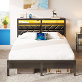 Seventable Bed Frame Full Size with Charging Station, LED Bed with Upholstered Storage Headboard, Metal Platform Bed with Under Bed Storage, No Box Spring Needed, Noise Free, Easy Assembly, Black Seventable