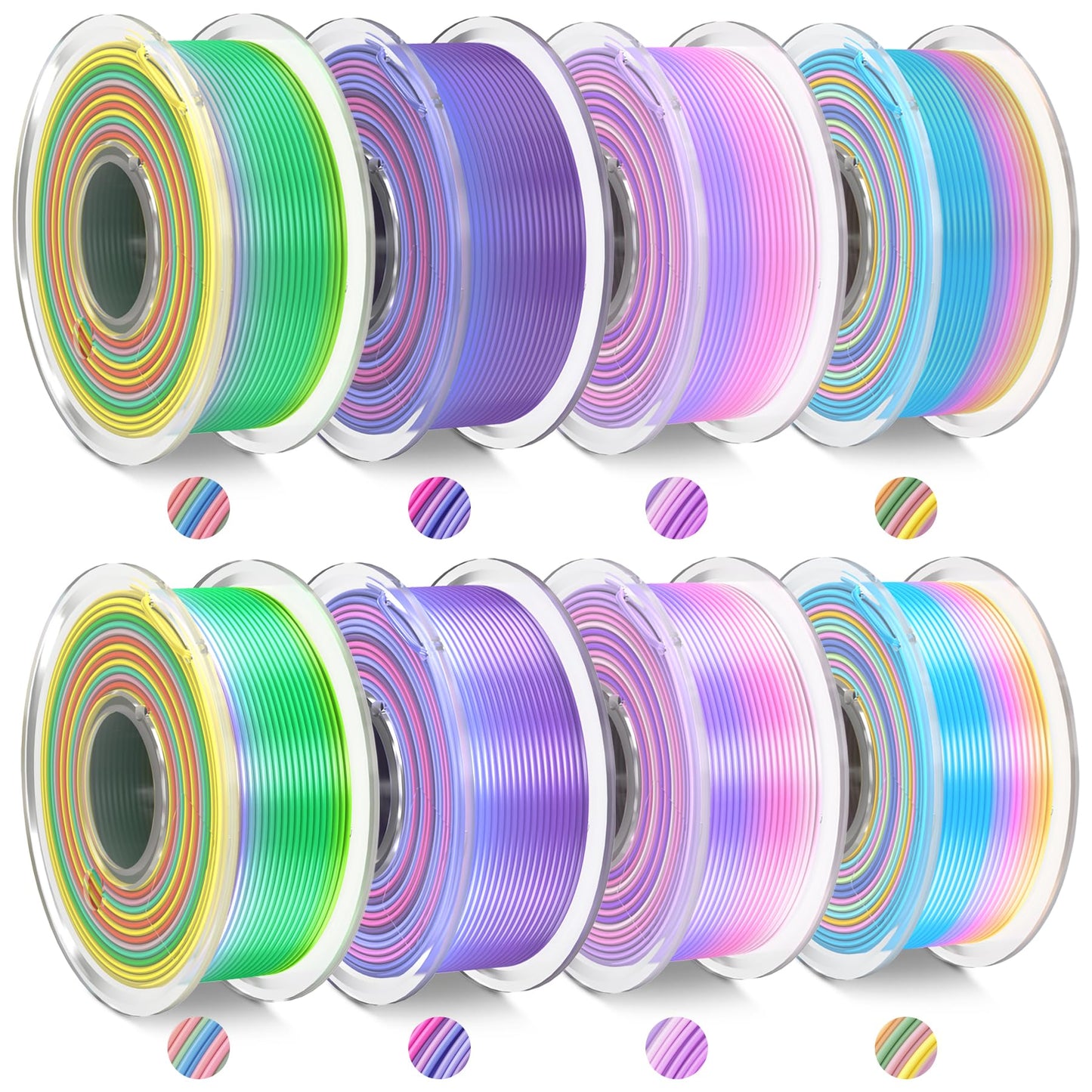 SUNLU PLA Rainbow 3D Printer Filament Bundle, 4 Rolls PLA+ Silk Rainbow & 4 Rolls PLA Rainbow Filament, Fast Color Change, Shiny Texture, Multicolor, 250g/Pack, 8 Packs, Total 2 kg - WoodArtSupply