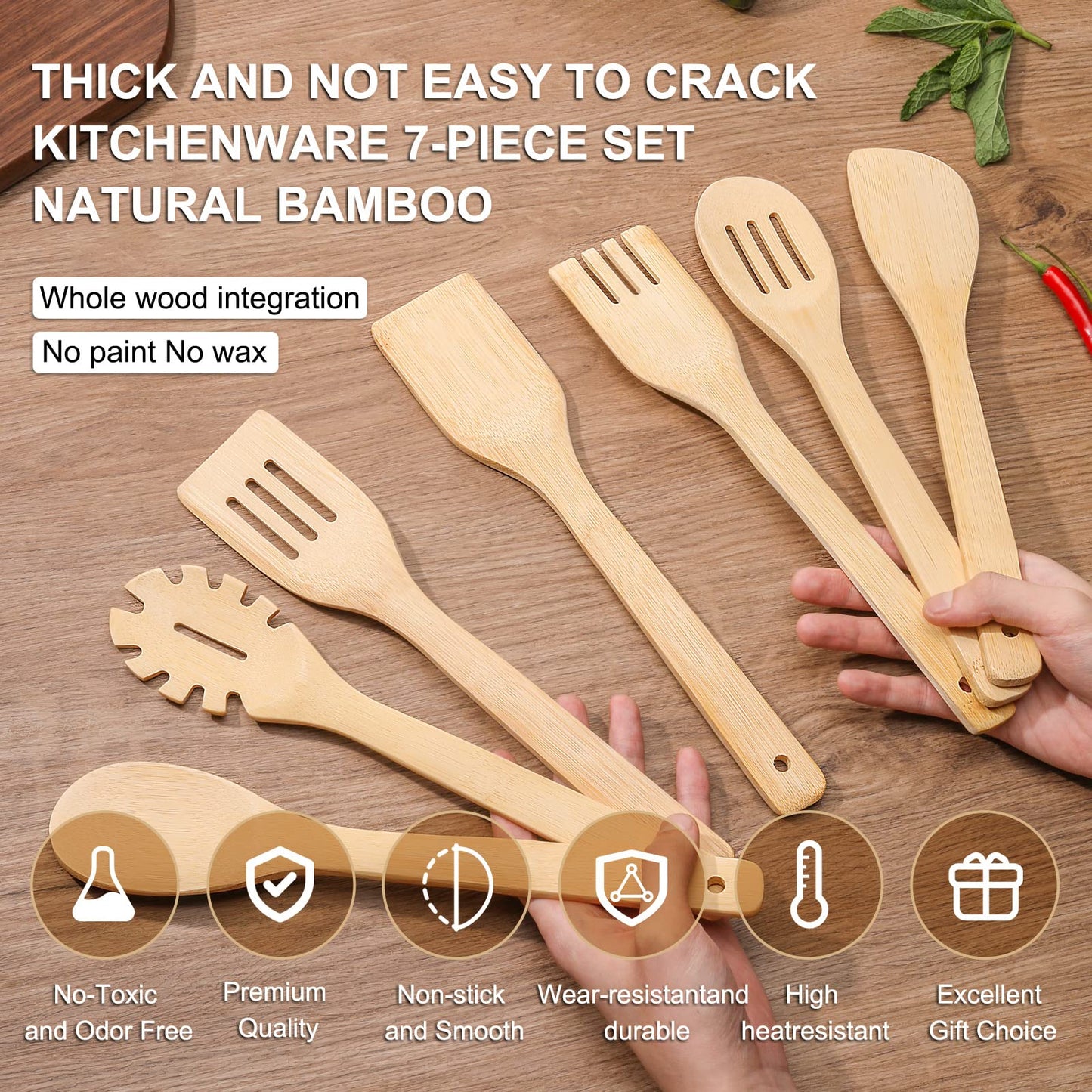 [7-PCS] Wooden Spoons for Cooking is for All Kitchen. Made From Bamboo Wood, Wooden Spatula & Wooden Spoon 11.8 in. and Non-Stick Surface, Suitable for Home & Chef Use or Gift for Someone Special.