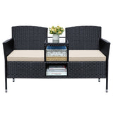 Greesum Patio Loveseat Outdoor Wicker Furniture Conversation Set with Soft Cushions & Built-in Coffee Table for Lawn Garden Backyard, Beige Greesum