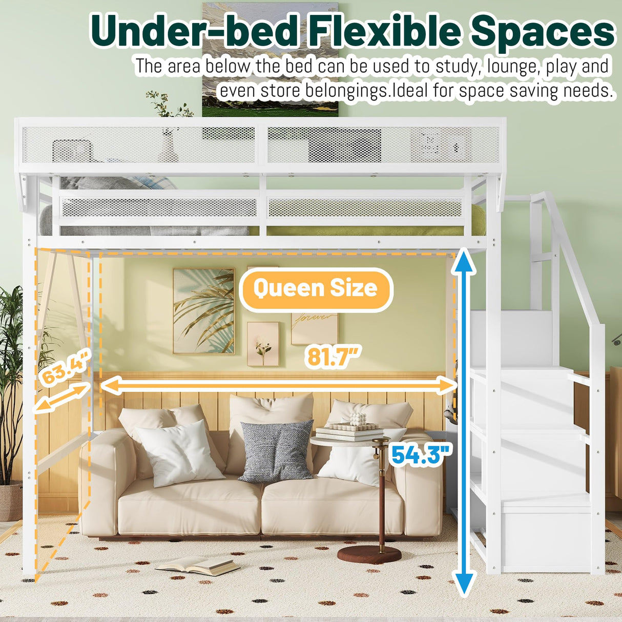 MoproBeti Queen Size Loft Bed with Stairs, Heavy Duty Metal Loft Beds Frame with Storage Shelf & Wardrobe, Tall LoftBed with Under-Bed Space for Adult Teens Junior,Space Saving Design,White MoproBeti