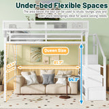 MoproBeti Queen Size Loft Bed with Stairs, Heavy Duty Metal Loft Beds Frame with Storage Shelf & Wardrobe, Tall LoftBed with Under-Bed Space for Adult Teens Junior,Space Saving Design,White MoproBeti