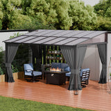 ALAULM 10'x 14' Outdoor Hardtop Pergola,Wall Mounted Lean to Gazebo with Curtains and Netting,Galvanized Metal Frame,Sunshade for Patio, Backyard, Deck and Lawns-Gray ALAULM