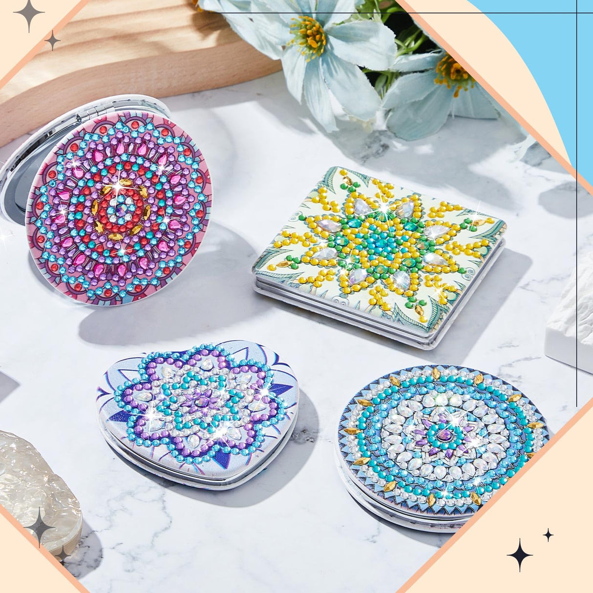 Marsui 4 Pcs Diamond Painting Compact Mirror DIY Painting Pocket Portable Folding Purse Mirror for Women Diamond Art Mom Gifts for Mother's Day Nurse Week Party Favors(Lovely) Marsui