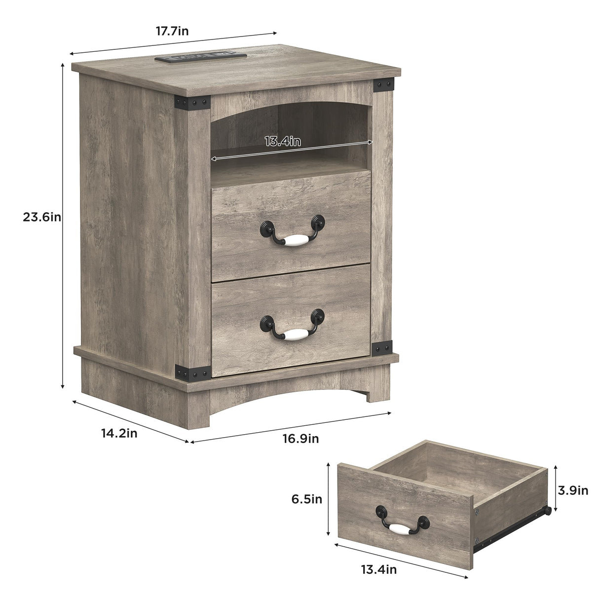 Maupvit Farmhouse Night Stand with Charger Station & Ceramic Handle, Wood Nightstand with 2 Storage Drawers, LED Bedroom Nightstand, Bedside Tables, Grey Maupvit