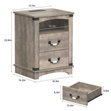 Maupvit Farmhouse Night Stand with Charger Station & Ceramic Handle, Wood Nightstand with 2 Storage Drawers, LED Bedroom Nightstand, Bedside Tables, Grey Maupvit