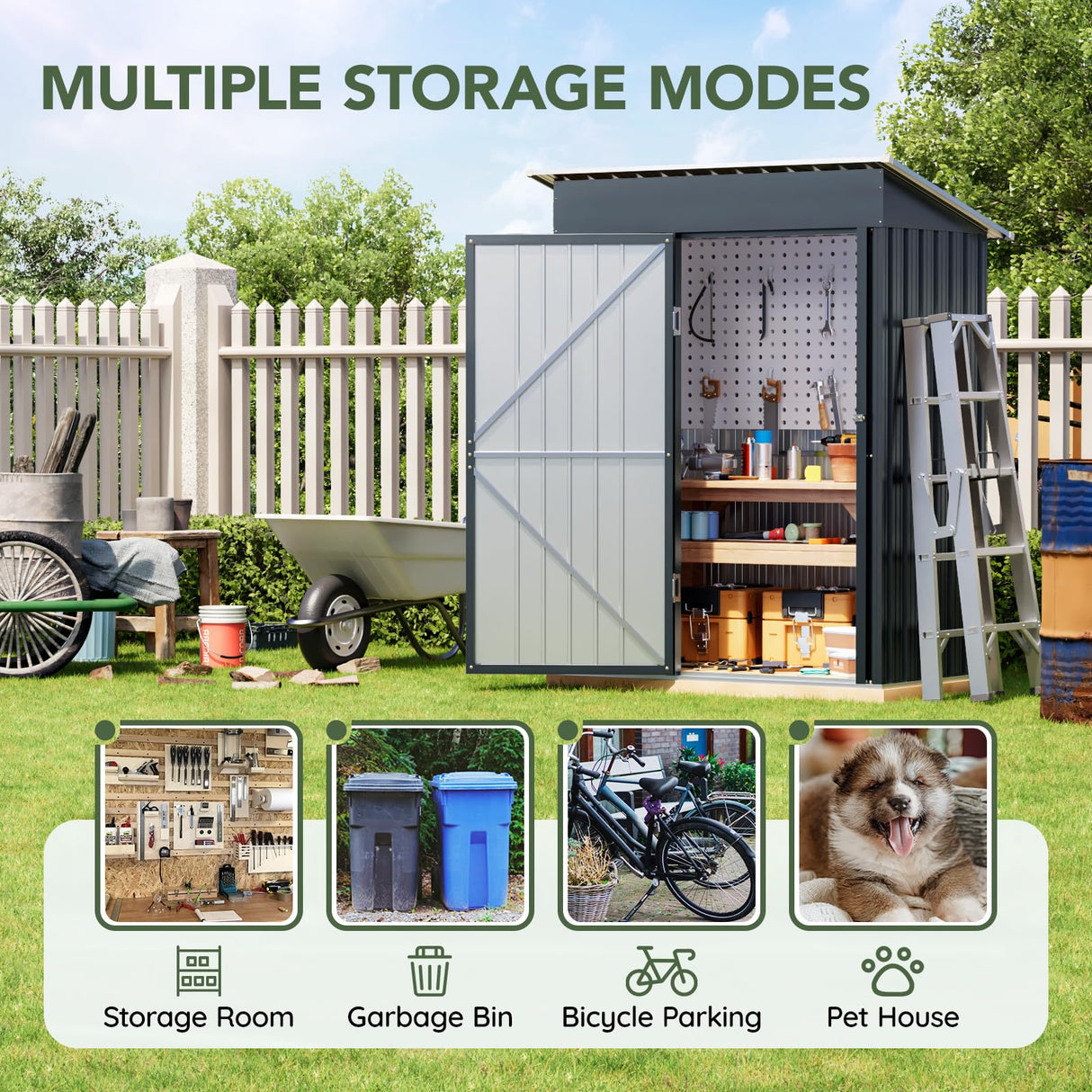 Grovellis 3x5 FT Outdoor Metal Storage Shed with Floor Frame, Single Door, 1 Clear Window, Tool Shed for Garden, Patio, Backyard Grovellis
