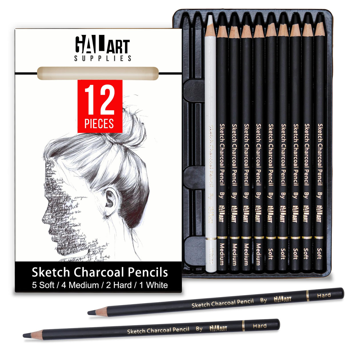 Galart Supplies Charcoal Drawing Set with Organizer Tray – 12 Pieces Soft, Medium, Hard and White Charcoal Pencils for Drawing, Shading and Sketching for Artists and Beginners Galart Supplies