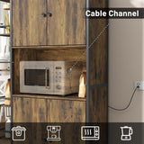 Seeday Industrial Style Kitchen Pantry Storage Cabinet, Brown Tall Kitchen Hutch with Microwave Stand, Food Pantry Cabinet with Side 6 Shelves and 2 Doors for Dining Room, Living Room Seeday