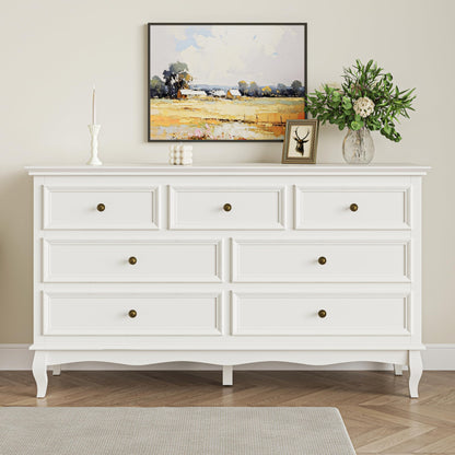 RoyalCraft White 7 Drawer Dresser for Bedroom, Modern Chest of Drawers with Solid Wood Legs and Painted Finish, Wooden Storage Closet Cabinet Organizer for Living Room, Hallway