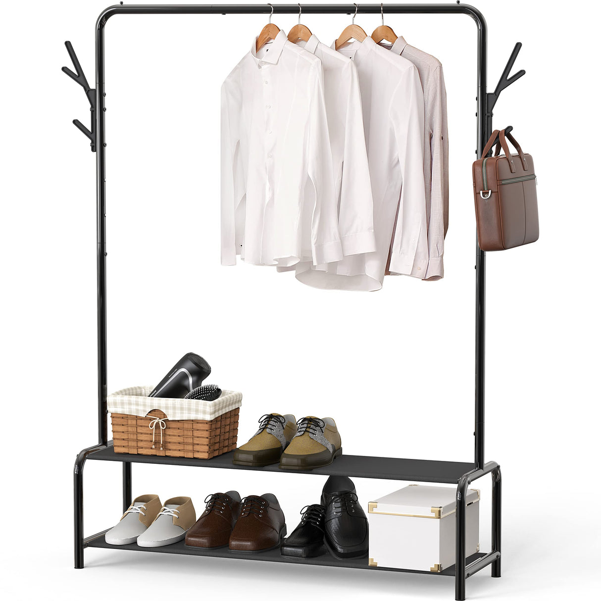 Simple Houseware Garment Rack with Storage Shelves and Coat/Hat Hanging Hooks Simple Houseware