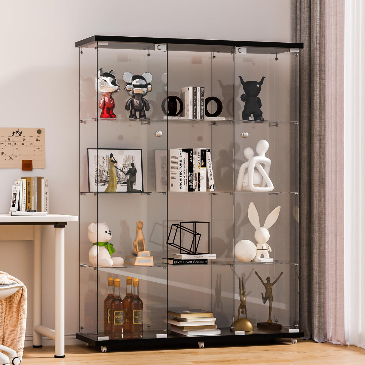 FANYUSHOW Glass Display Cabinet with 12 Shelves, 3 Columns and Lock, Extra Large DIY Curio Cabinets Quick-Install Style 5mm Tempered Glass Bookshelf for Living Room, Bedroom, Black FANYUSHOW