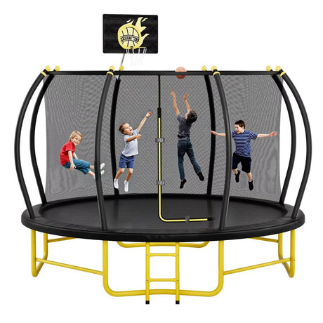 14FT Pumpkin Trampoline with Basketball Hoop, Balance Bar and Enclosure Net, Outdoor Trampoline for Kids and Adults, Capacity 880 lbs JINS&VICO