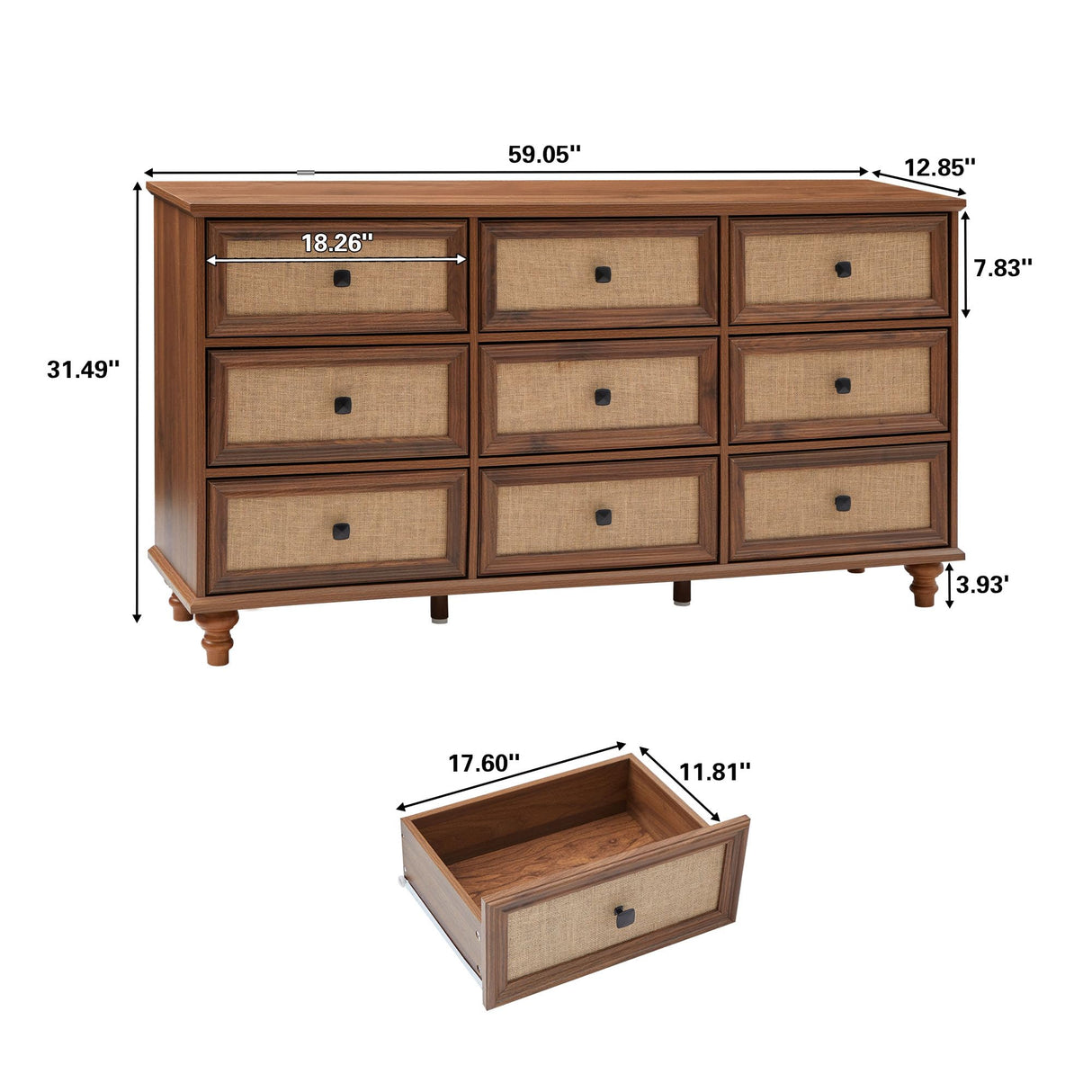 ORRD 9 Drawer Dresser for Bedroom, Mid Century Modern Wide Wood Rustic Chest of Drawers Wooden Storage Organizer Dressers with Burlap Rattan Drawers for Living Room, Hallway Closet, Entryway, Walnut ORRD