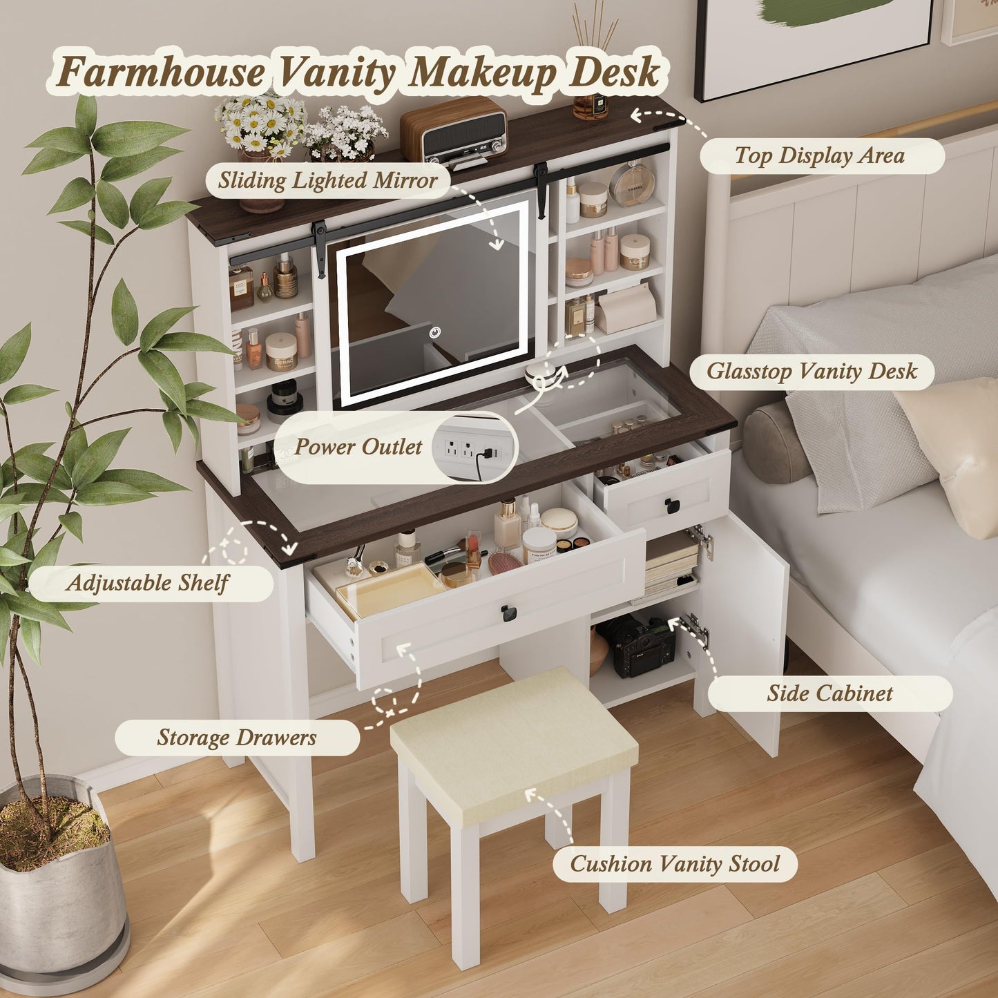 Semiocthome Farmhouse Makeup Vanity with Power Outlet 42"W Glass Top Vanity Desk with Sliding Mirror and Lights White Vanity Table with Adjustable Shelves and Side Cabinet Girls Vanity Set fo - WoodArtSupply