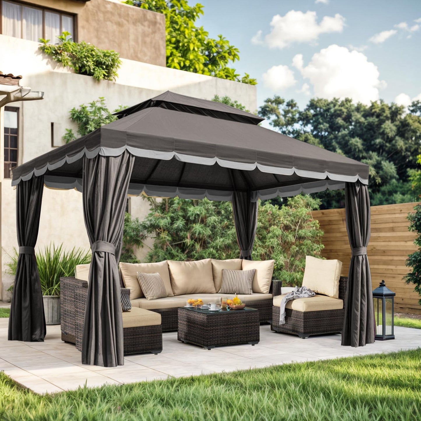 10'×13' Outdoor Gazebo, Patio Gazebo Canopy Tent Heavy Duty with Double Roofs, Gazebo Tent Canopy with Mosquito Netting and Privacy Screen Curtains for Deck Backyard Lawn and Garden (Grey)