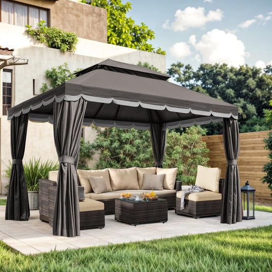 10'×13' Outdoor Gazebo, Patio Gazebo Canopy Tent Heavy Duty with Double Roofs, Gazebo Tent Canopy with Mosquito Netting and Privacy Screen Curtains for Deck Backyard Lawn and Garden (Grey)