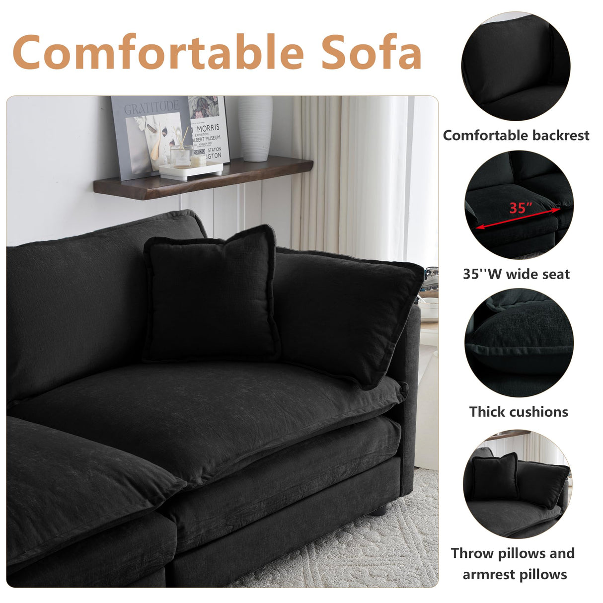 mikibama Luxury 2 Piece Cloud Couches Set, Modern Upholstered Chenille 3 Seater and Loveseat Sofa Set with 9 Pillow for Living Room Bedroom Office Apartment, Black mikibama