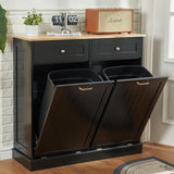 AHB Double Tilt Out Trash Cabinet Kitchen Trash Bin Cabinet 2x13 Gallons Free Standing Recycling Trash Can Cabinet with Hideaway Drawers Pet Proof Trash Can Holder for Kitchen Living Room, Black AHB
