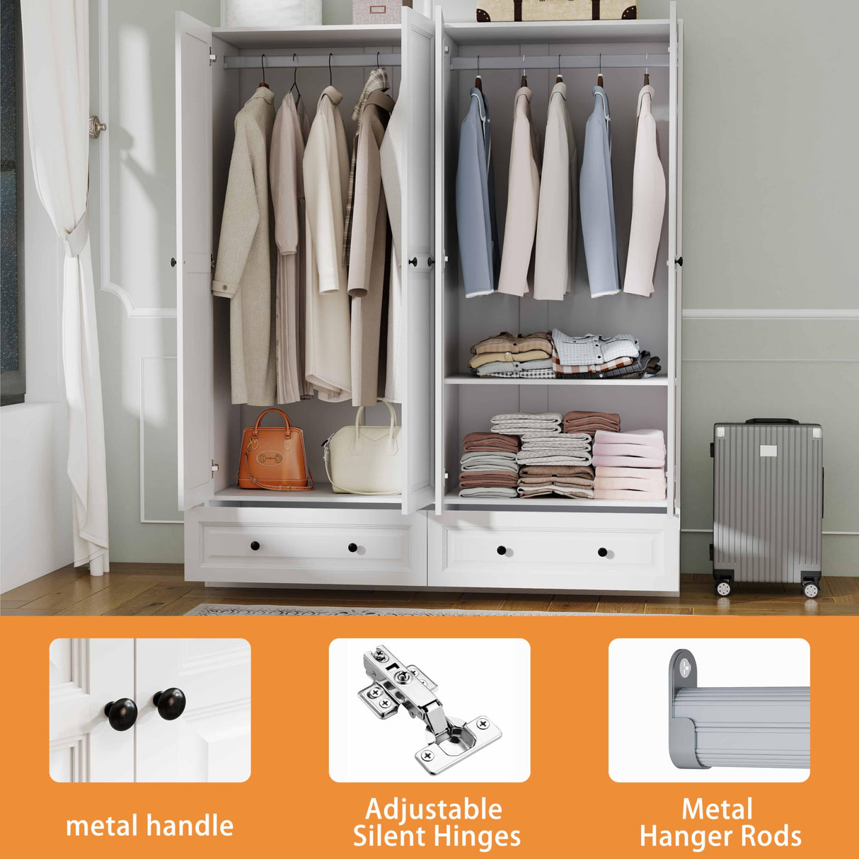 Mhsatyrs Armoire Wardrobe Closet with Drawers: 74" Large White Armoire Wardrobe Closet with 4 Doors, Bedroom Armoires with Hanging Rod and 2 Drawers, Wooden Clothes Storage Cabinet (White, 63") Mhsatyrs