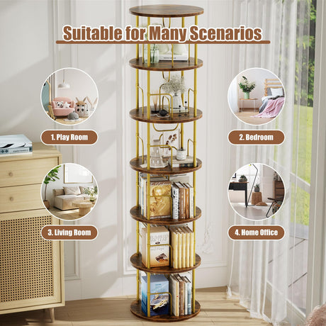 ALLSTAND 6 Tier Rotating Bookshelf, 360 ° Display Stackable Spinning Bookshelf Tower, Corner Bookshelf Tall Floor Standing Swivel Bookcase Narrow Storage Organizer for Bedroom, Living Room, Gold ALLSTAND