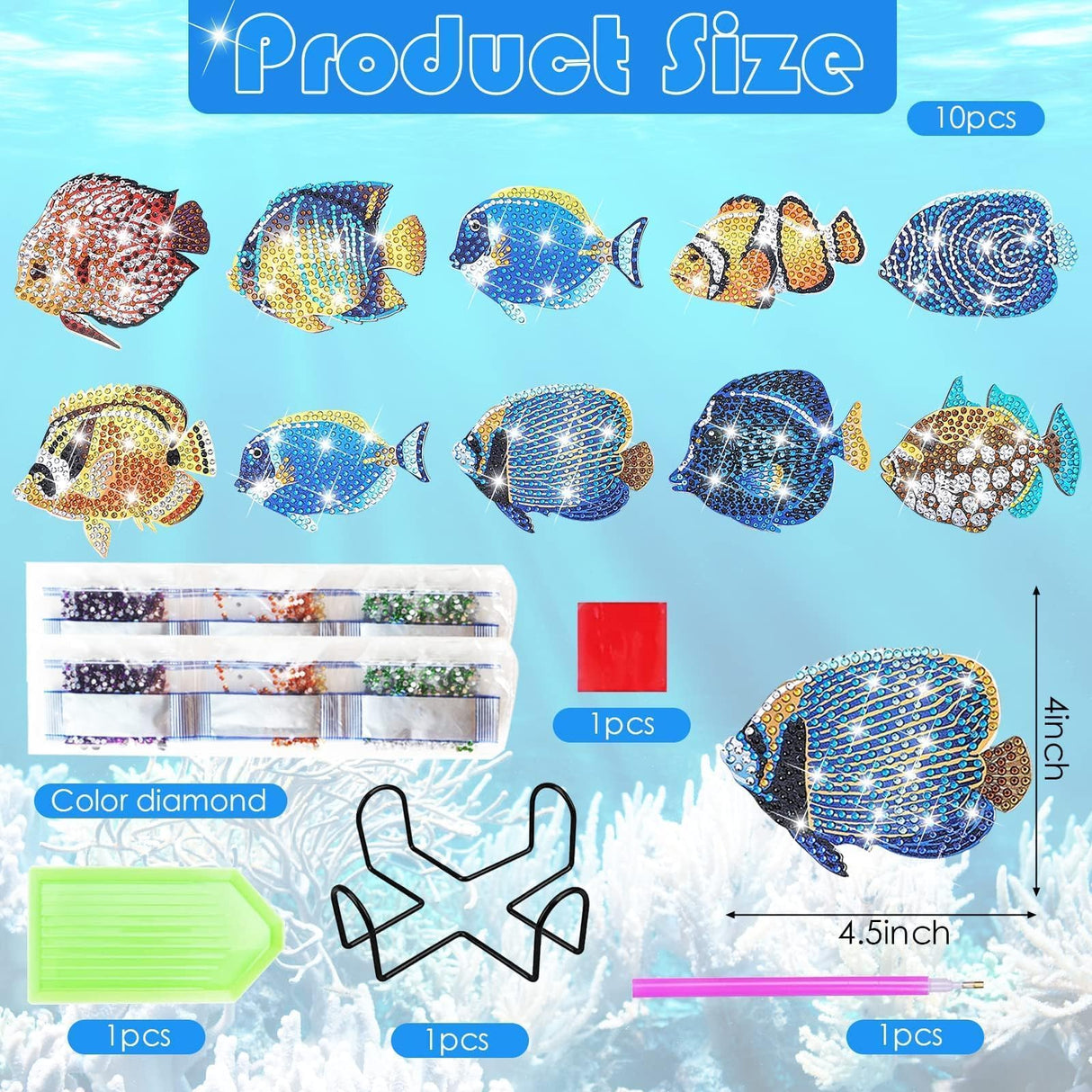 YLOLUL 10 Pcs Summer Fish Diamond Art Coasters Tropical Fish Shape Diamond Art Kits DIY Coasters with Holder for Beginner Adults Kids Craft Supplies Gift YLOLUL