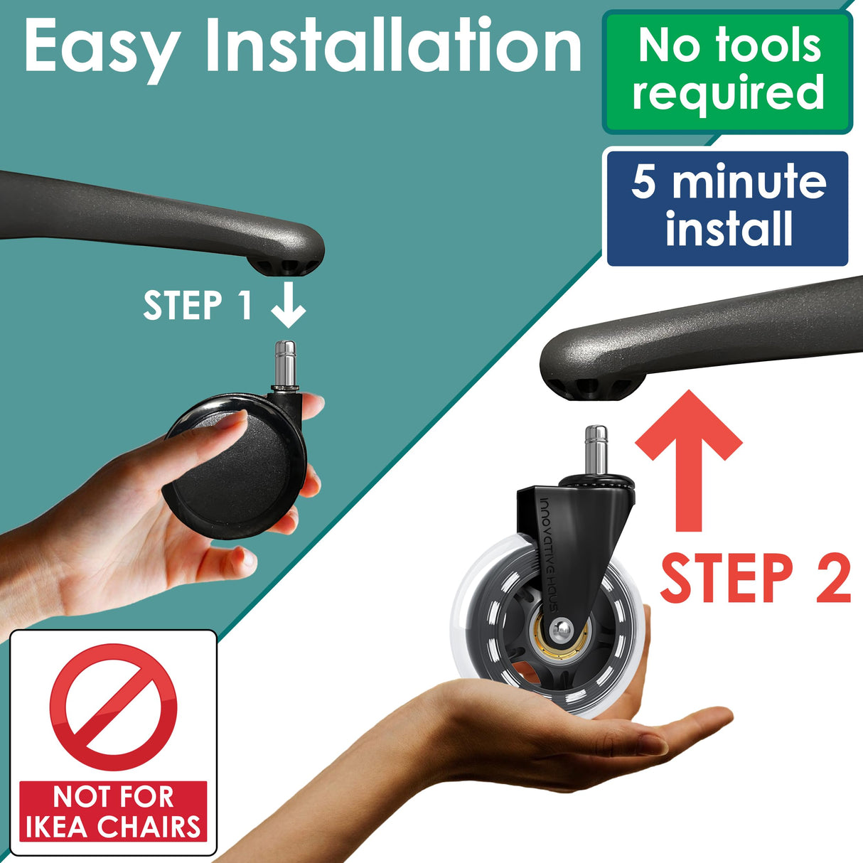 Innovative Haus Office Chair Wheels Replacement Set of 5 - Heavy Duty 3'' Clear Caster Wheels for Carpet and Hardwood Floors - Universal Fit, Quiet and Smooth Rolling - No Desk Floor Mat Needed INNOVATIVE HAUS