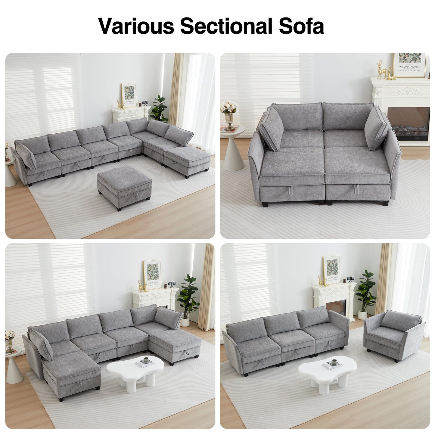 Oversize Corner Modular Sectional Sofa Set, Convertible L Shaped Couch with Storage, 8 Seater Sofa Modular with Ottomans and Reversible Chaise for Living Room, Office (Grey)