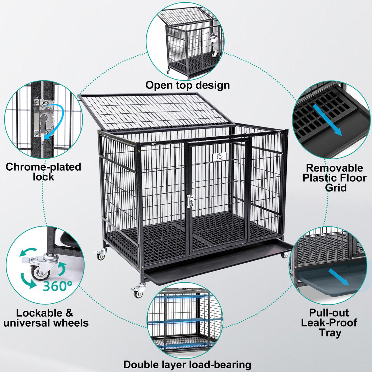Homey Pet 37 inch Stackable Open Top Heavy Duty Dog Crate Cage for Medium Dog with Wheels and Removable Tray Homey Pet