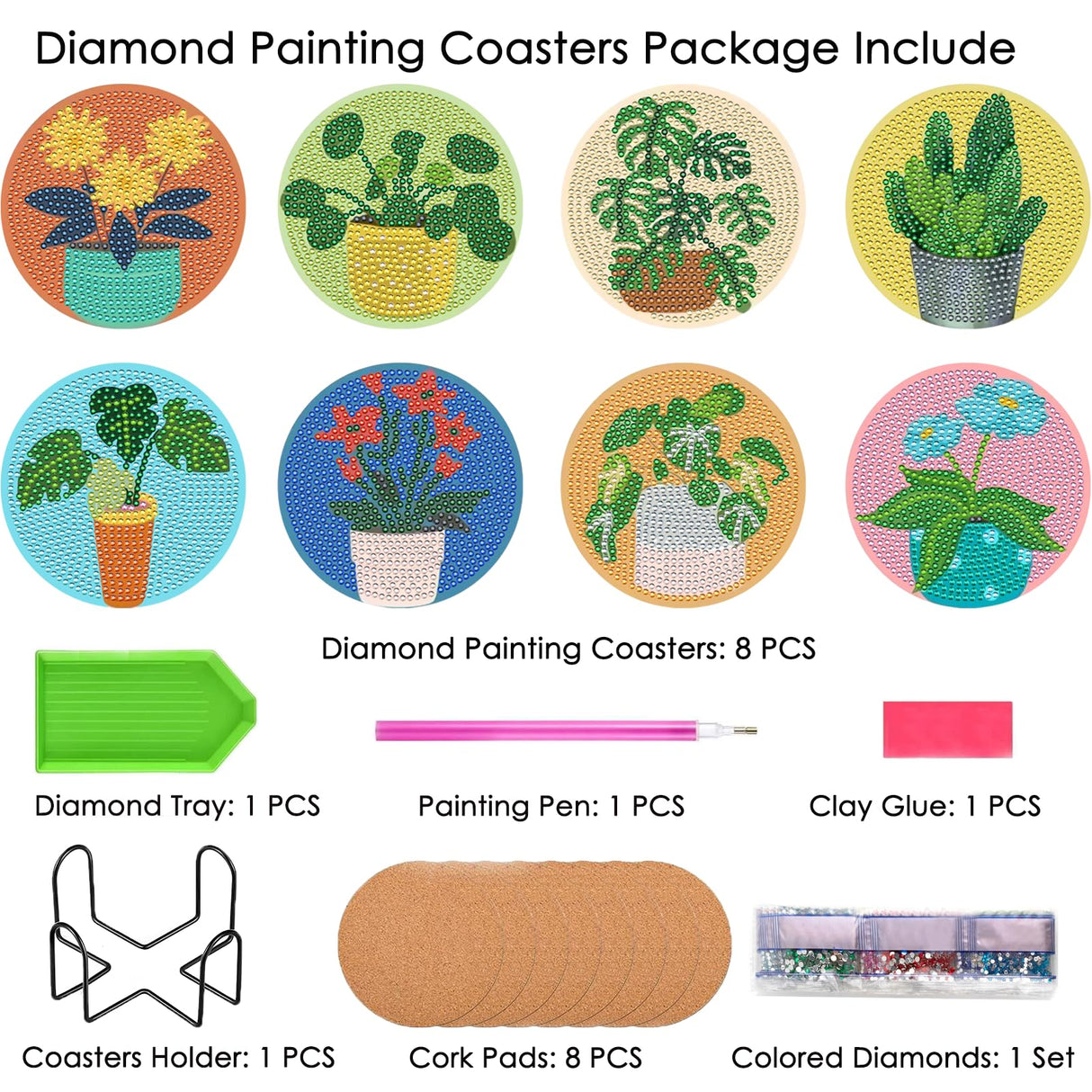 TDOOW Diamond Art Coasters Kits, 8 Pcs DIY Plant Diamond Painting Coasters with Holder, Diamond Art Kits for Adults Beginners TDOOW