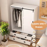GOSROMS Armoire Wardrobe Closet with Sliding barn Door，Wardrobe Cabinet with 4 Storage Drawers and Hanging Rail,Freestanding Wooden Closet for Bedroom (White) GOSROMS