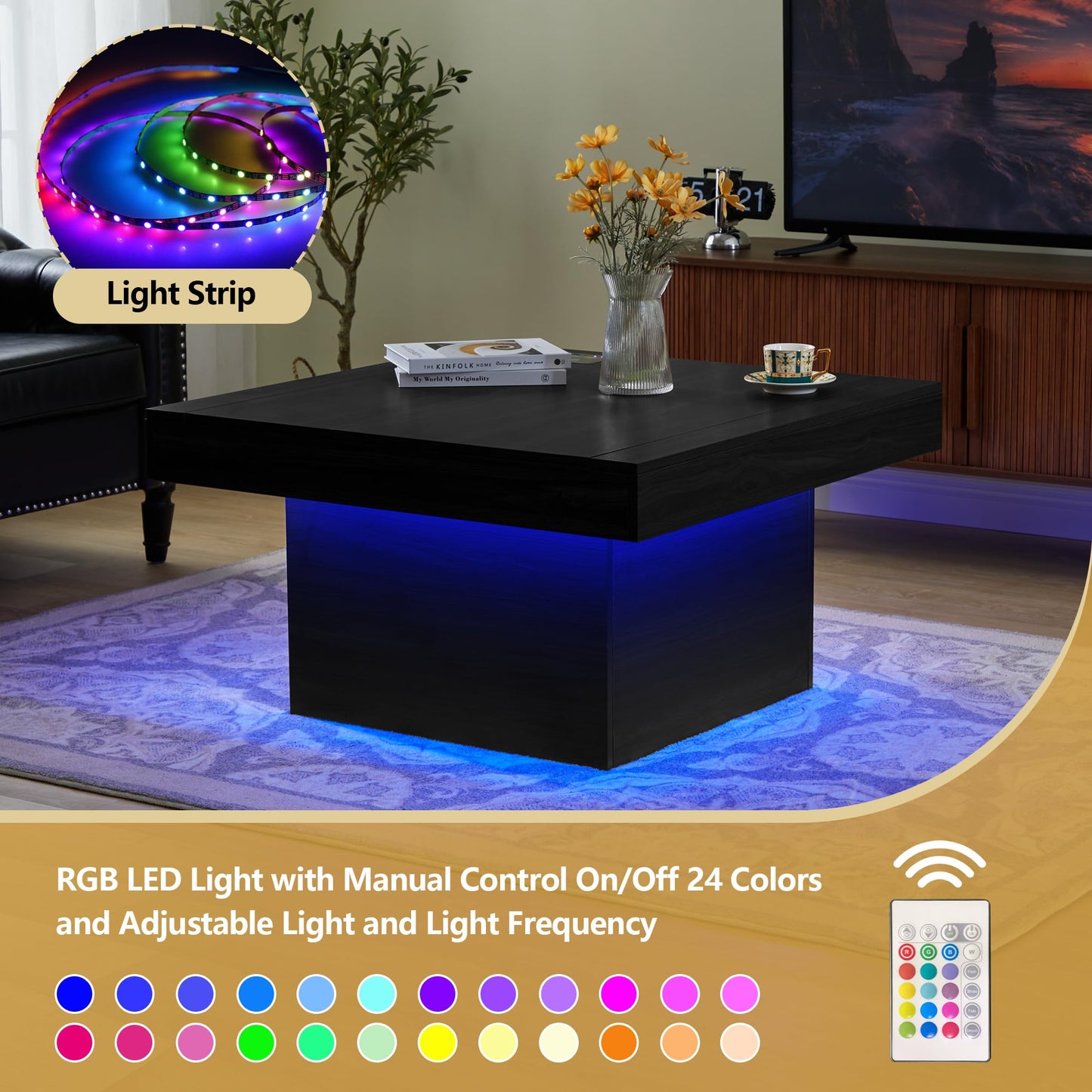 NVETHM Coffee Table, Square Coffee Table with LED Light Strip and Charging Station, Wooden Coffee Table for Living Room, Reception Room and Office (Black) - WoodArtSupply