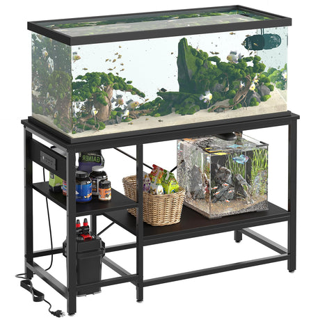 Bestier 55 Gallon Fish Tank Stand with Power Outlet, 49x13 Metal Aquarium Stand, 6-Leg Long Reptile Tank Stand with 3-Tier Adjustable Storage Shelves, 700LBS Capacity, Black Oak Bestier