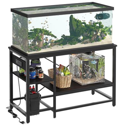 Bestier 55 Gallon Fish Tank Stand with Power Outlet, 49x13 Metal Aquarium Stand, 6-Leg Long Reptile Tank Stand with 3-Tier Adjustable Storage Shelves, 700LBS Capacity, Black Oak