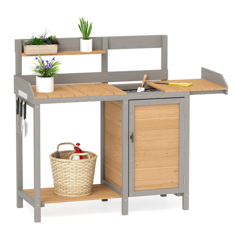 Outdoor Wooden Potting Bench Table with Sink, Garden Table Work Bench with Storage, Workstation for Outside Patio Lawn Mederla