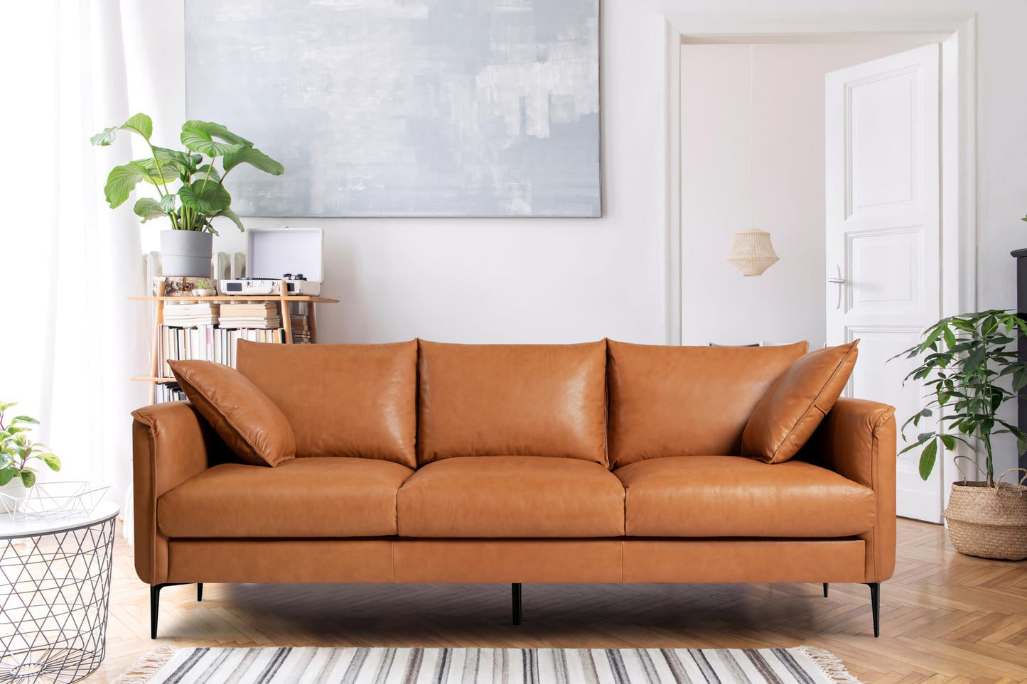 Valencia Jasper 85" Cognac Tan Brown 3 Seater Full Leather Couch | Mid Century Leather Sofa with 2 Pillows for Living Room Furniture | Plush Cushions, Nappa Leather Lounge Couch